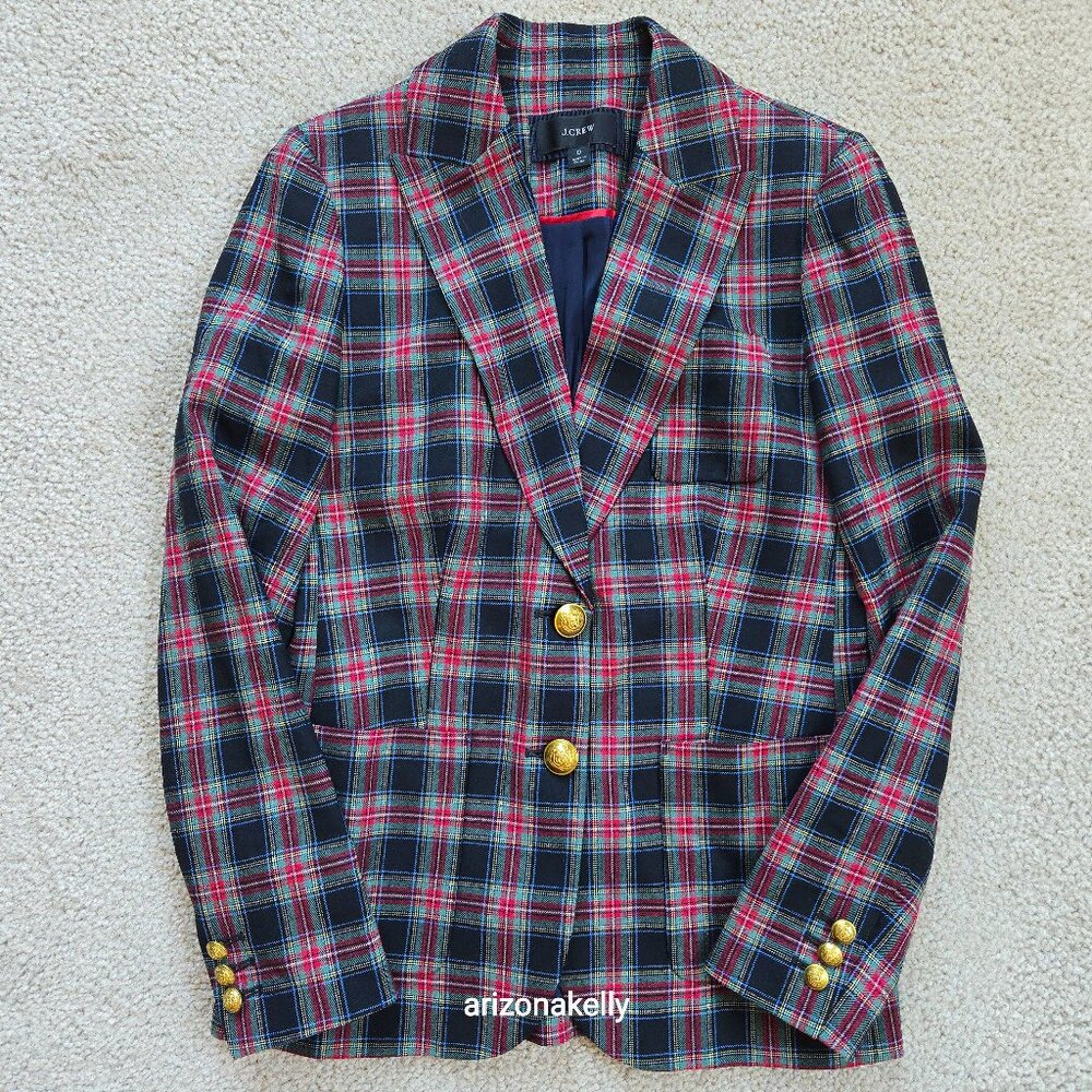 NWOT J. Crew Shrunken Blazer in Black Stewart Tartan Plaid Wool Blend 0